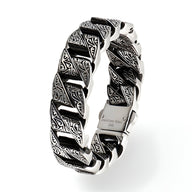 Bracelet homme en acier inoxydable argenté avec gravures tribales noires style Tristan.