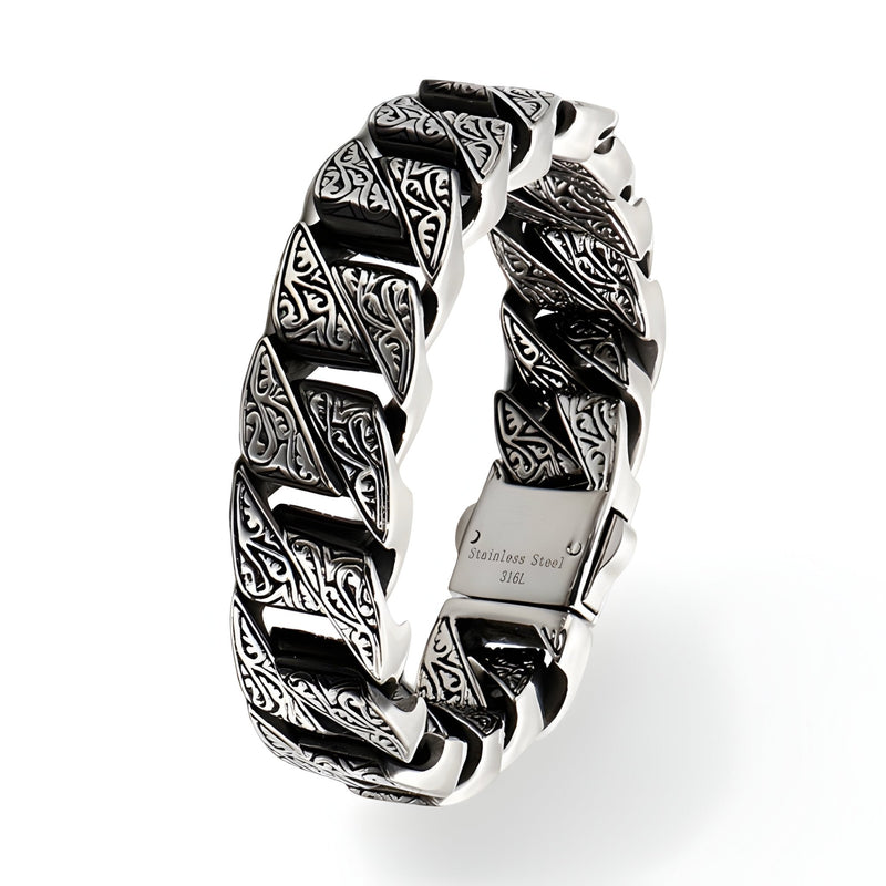Bracelet homme en acier inoxydable argenté avec gravures tribales noires style Tristan.