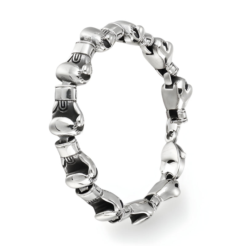 Bracelet homme en acier inoxydable argent avec maillons en forme de gants de boxe alignés.