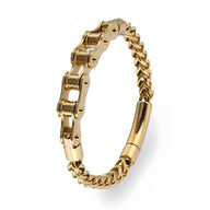 Bracelet homme en acier inoxydable doré, chaînes plates et maillons tressés, fermoir magnétique élégant.