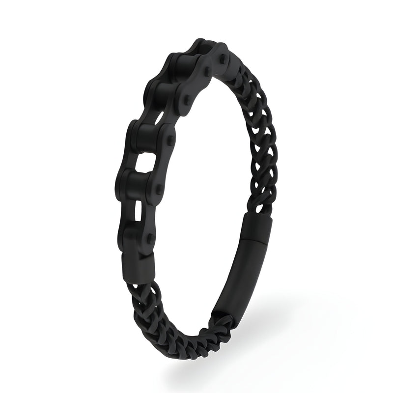 Bracelet homme en acier inoxydable noir, style chaîne large et fine, fermoir magnétique élégant.