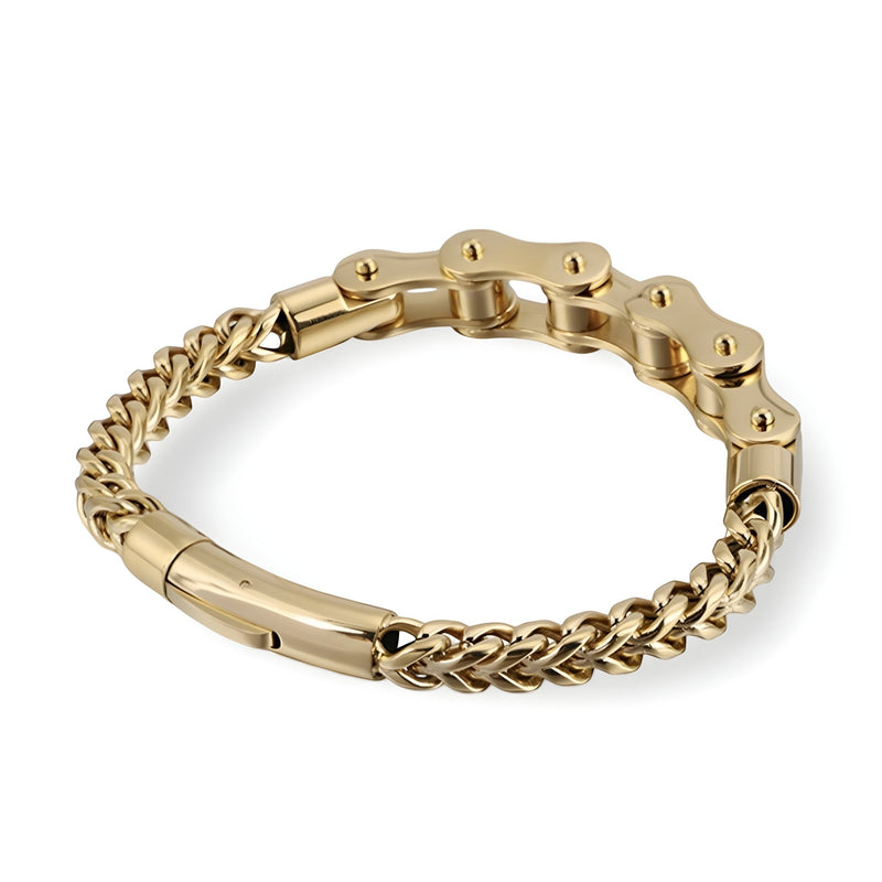 Bracelet homme en acier inoxydable or, style chaîne avec maillons larges et fermoir sécurisée.