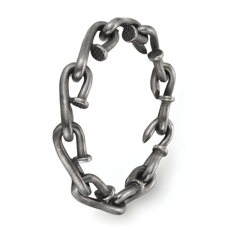 Bracelet homme en acier inoxydable anthracite avec maillons en forme de clous tordus.