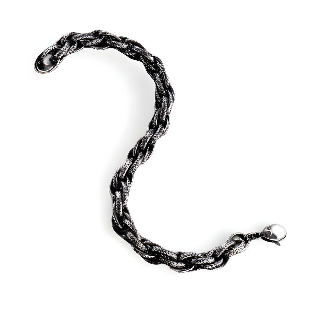 Bracelet homme en acier inoxydable noir, design torsadé, fermoir mousqueton argenté.