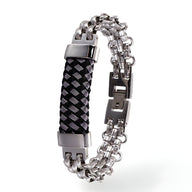 Bracelet homme acier inoxydable noir argenté motif damier chaîne double maillon finition polis.
