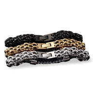 Bracelet homme acier inoxydable avec maillons tressés, disponible en noir, or et argent, modèle Ulysse.