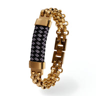 Bracelet homme acier inoxydable or avec motif damier noir et gris et chaîne élégante.