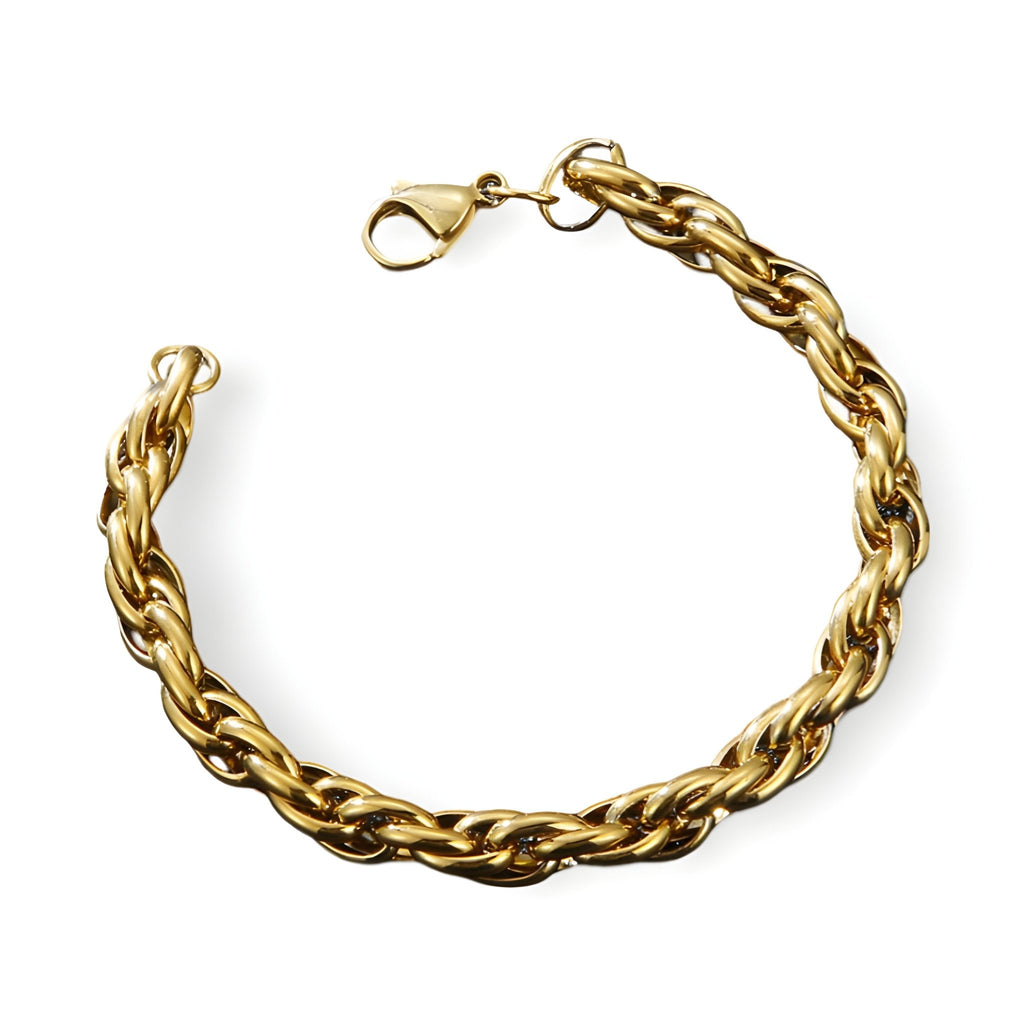 Bracelet homme en acier inoxydable doré, maille forçat robuste avec fermoir mousqueton.