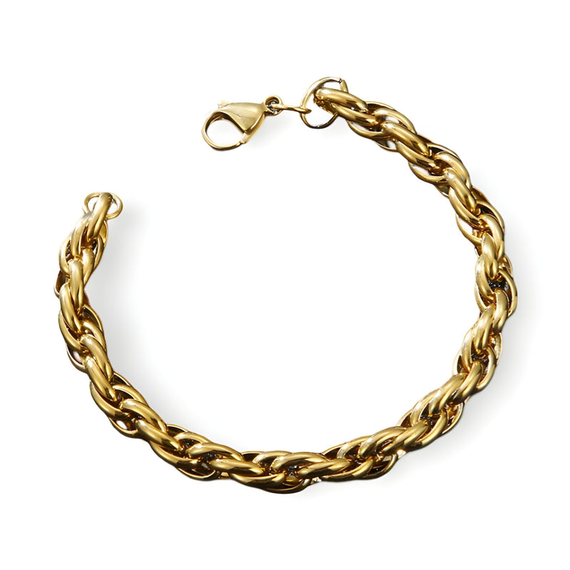 Bracelet homme en acier inoxydable doré, maille forçat robuste avec fermoir mousqueton.