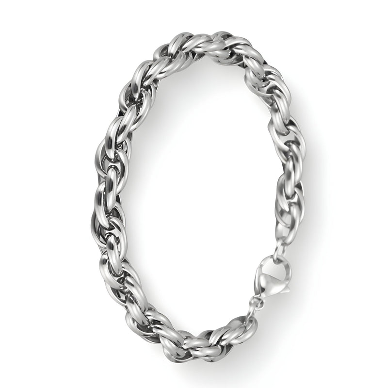 Bracelet pour homme en acier inoxydable argenté, maille forçat épaisse, fermoir mousqueton placé.
