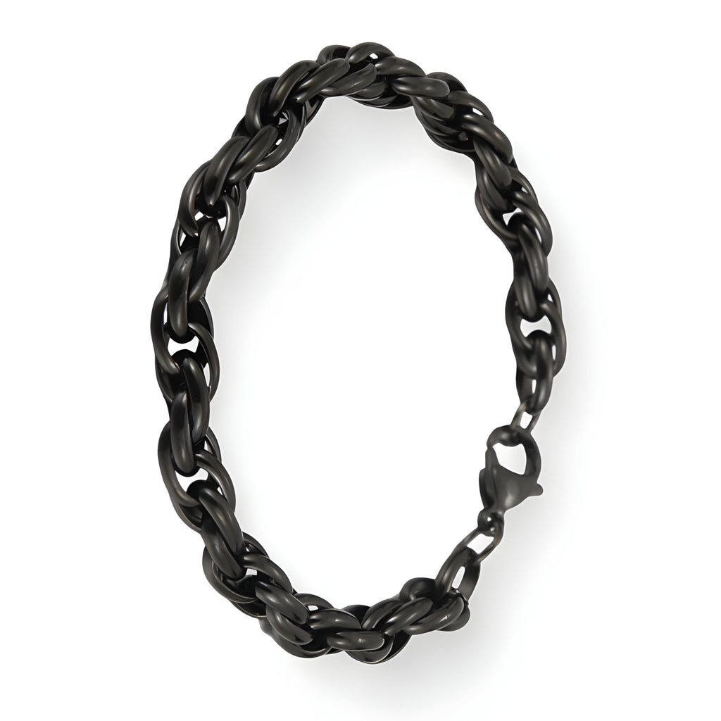 Bracelet pour homme en acier inoxydable noir avec maille forçat et fermoir mousqueton robuste.