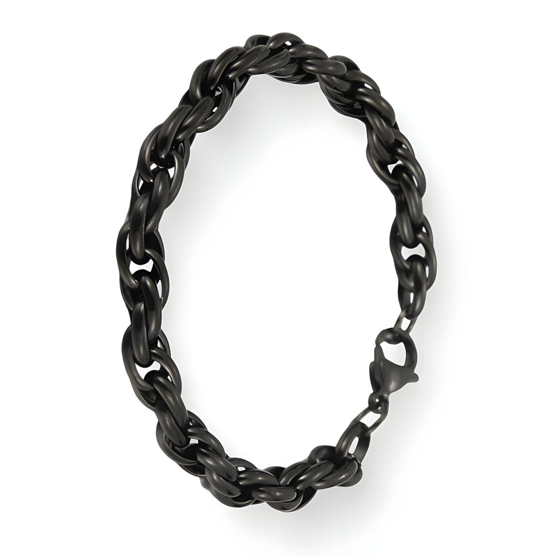 Bracelet pour homme en acier inoxydable noir avec maille forçat et fermoir mousqueton robuste.