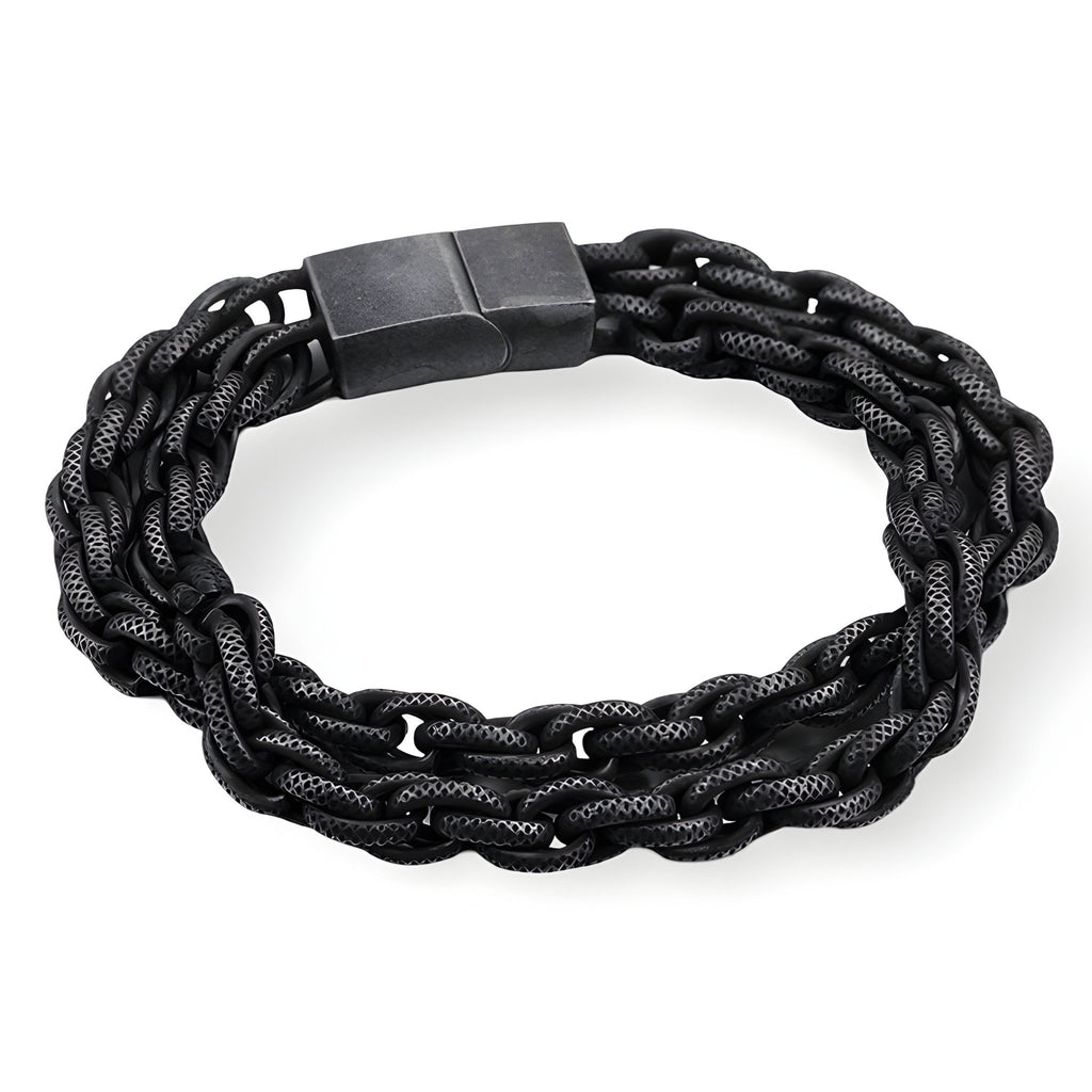 Bracelet homme double-rangs en acier inoxydable noir tressé avec fermoir magnétique noir mat.