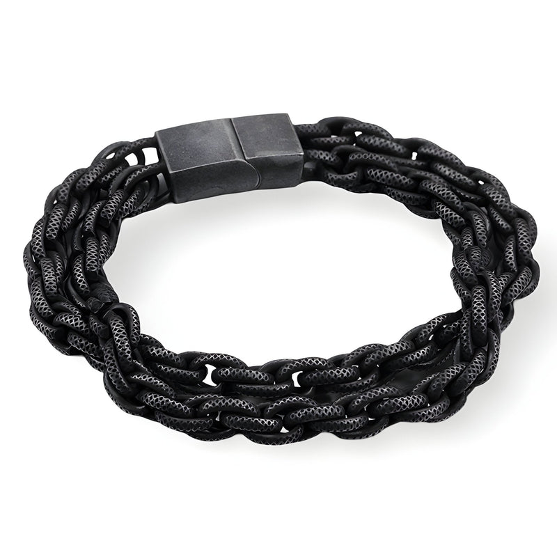 Bracelet homme double-rangs en acier inoxydable noir tressé avec fermoir magnétique noir mat.