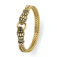Bracelet homme doré en acier inoxydable avec double tête de serpent, maille tressée robuste.