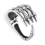 Bracelet en acier inoxydable argenté en forme de main de squelette ouverte pour homme.