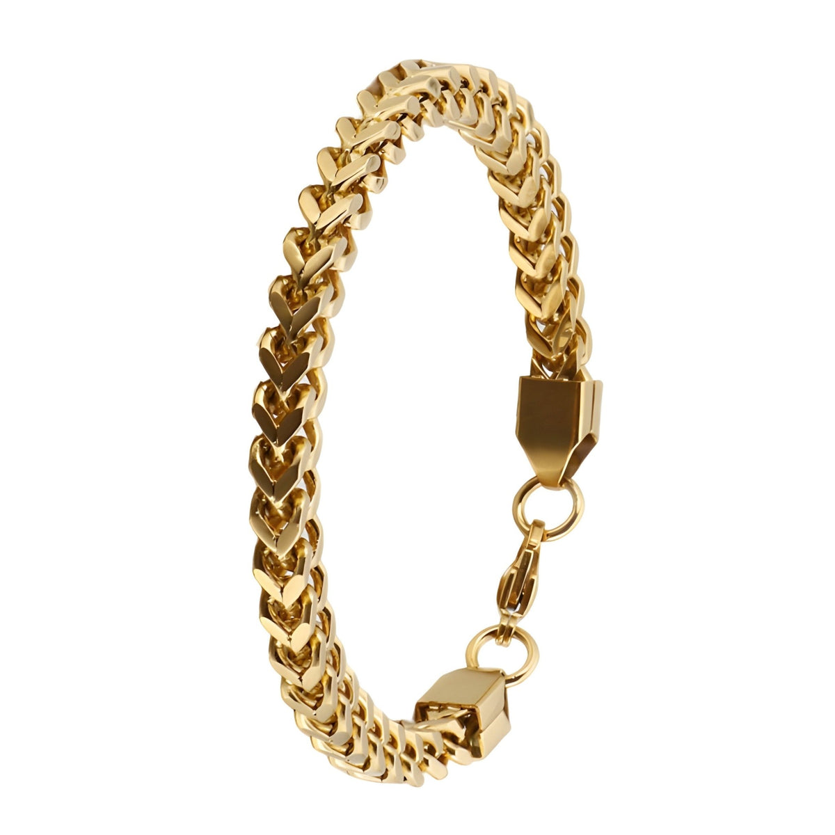 Bracelet homme en acier inoxydable or, maille spiga serrée, fermoir à crochet robuste.