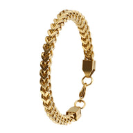 Bracelet homme en acier inoxydable or, maille spiga serrée, fermoir à crochet robuste.