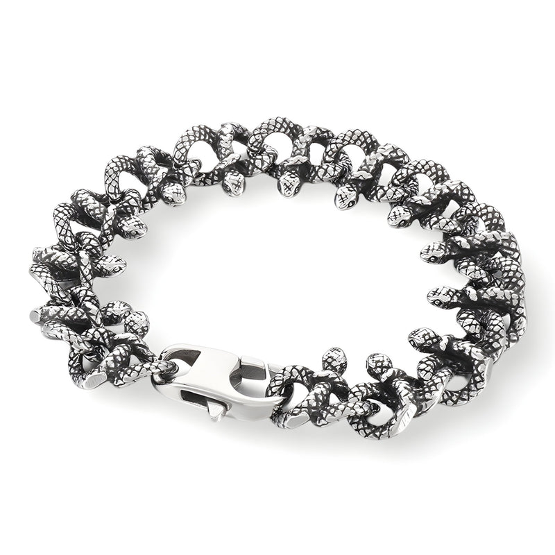 Bracelet homme en acier inoxydable argenté, design entrelacement de serpents, fermeture robuste.
