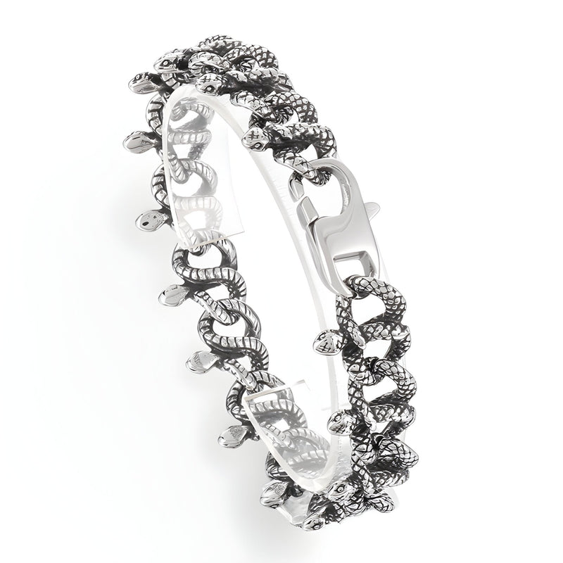 Bracelet homme en acier inoxydable argenté, motif entrelacs de serpents texturés, style audacieux.
