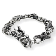 Bracelet homme en acier inoxydable argenté, design dragon avec détails texturés et fermoir anneau élégant.