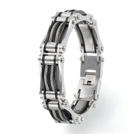 Bracelet pour homme en acier inoxydable argenté avec fils de fer noirs tressés et fermoir sécurisé.