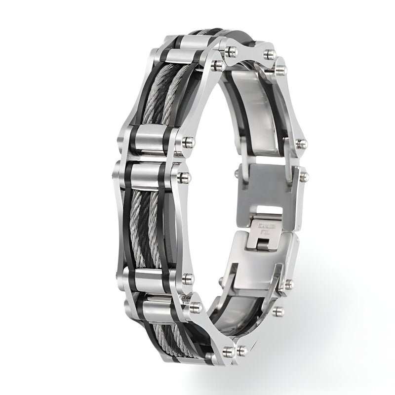 Bracelet pour homme en acier inoxydable argenté avec fils de fer noirs tressés et fermoir sécurisé.