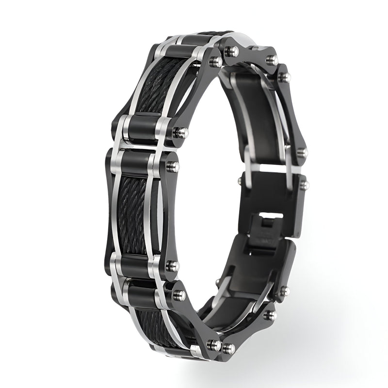 Bracelet homme en acier inoxydable noir avec fils de fer tressés et fermoir solide.