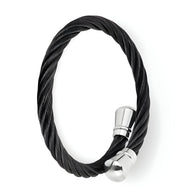 Bracelet jonc tressé en acier inoxydable noir avec fermoir argenté lisse pour homme.