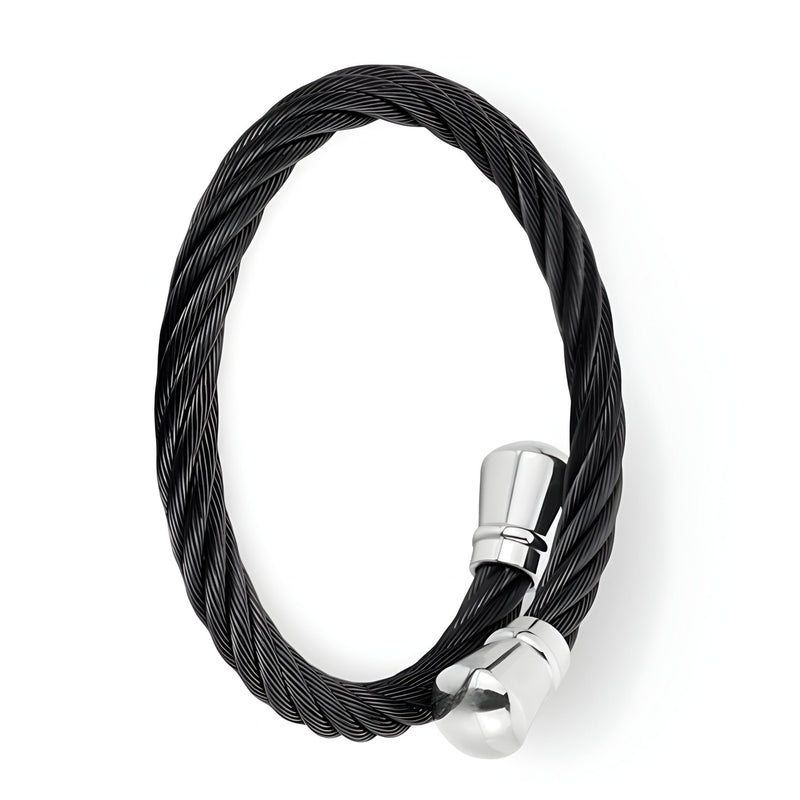 Bracelet jonc tressé en acier inoxydable noir avec fermoir argenté lisse pour homme.