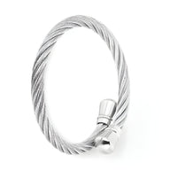 Bracelet jonc homme en acier inoxydable argenté torsadé, fermoir à embouts ronds.
