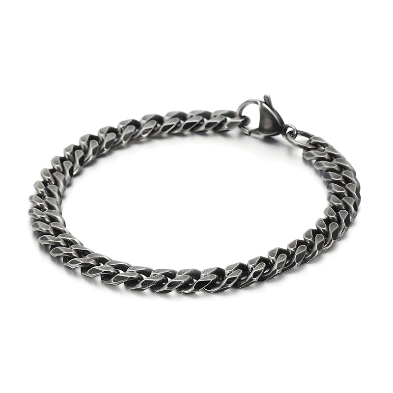 Bracelet pour homme en acier inoxydable gris, maille cubaine épaisse avec fermoir mousqueton.