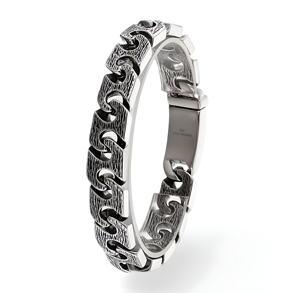 Bracelet homme acier inoxydable argenté maille gourmette texte gravé fermeture clip.
