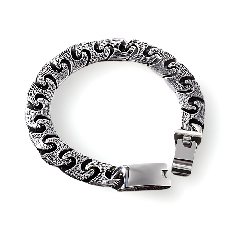 Bracelet homme en acier inoxydable argenté à maille gourmette avec motif ondulé noir et fermoir plaque lisse.