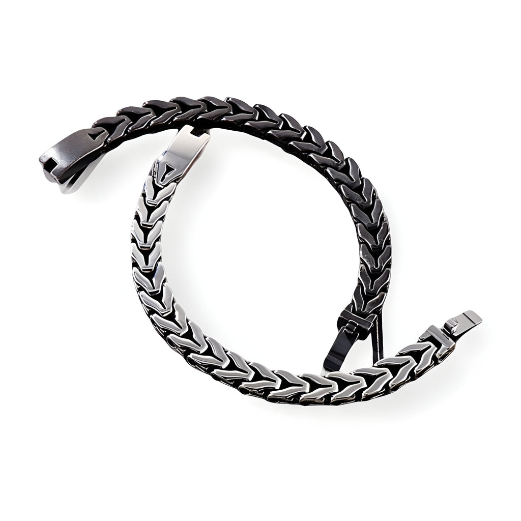 Bracelet homme maille spiga acier inoxydable noir et argent fermé avec fermoir robuste.