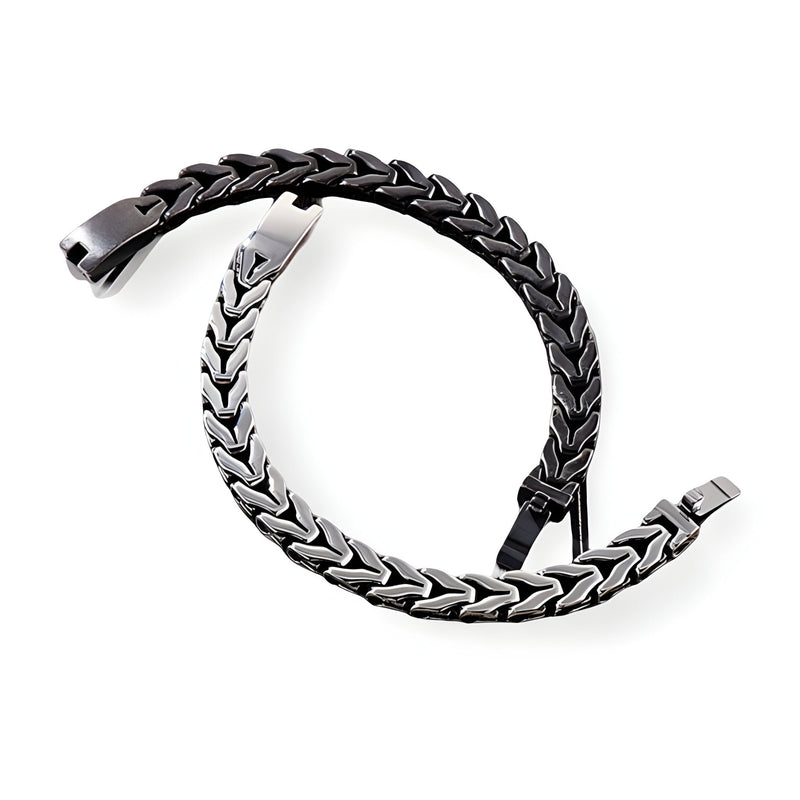 Bracelet homme maille spiga acier inoxydable noir et argent fermé avec fermoir robuste.