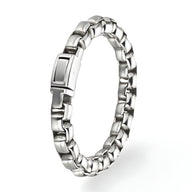 Bracelet pour homme en acier inoxydable argenté à maille vénitienne épaisse avec fermoir rectangulaire.