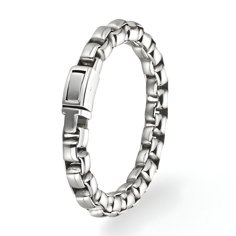 Bracelet pour homme en acier inoxydable argenté à maille vénitienne épaisse avec fermoir rectangulaire.