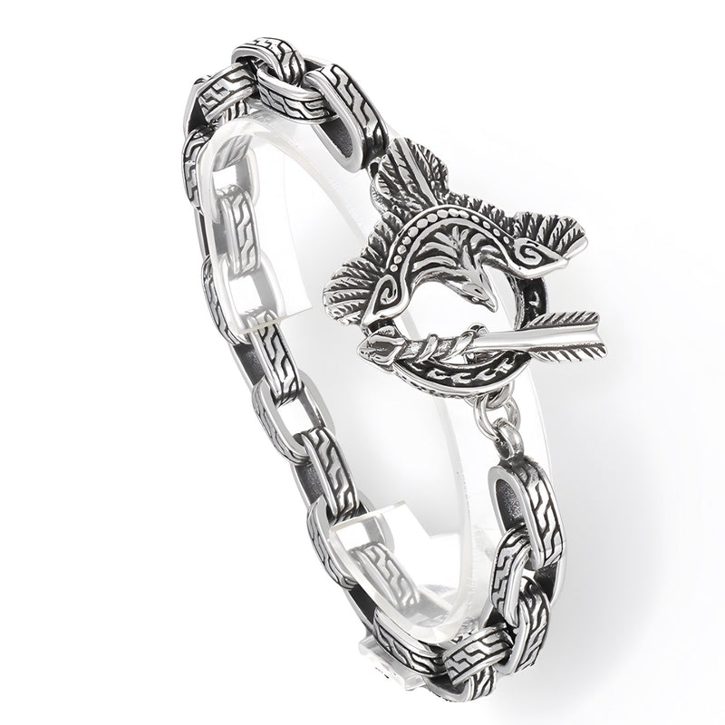 Bracelet homme en acier inoxydable argenté avec motif aigle détaillé et maillons gravés.