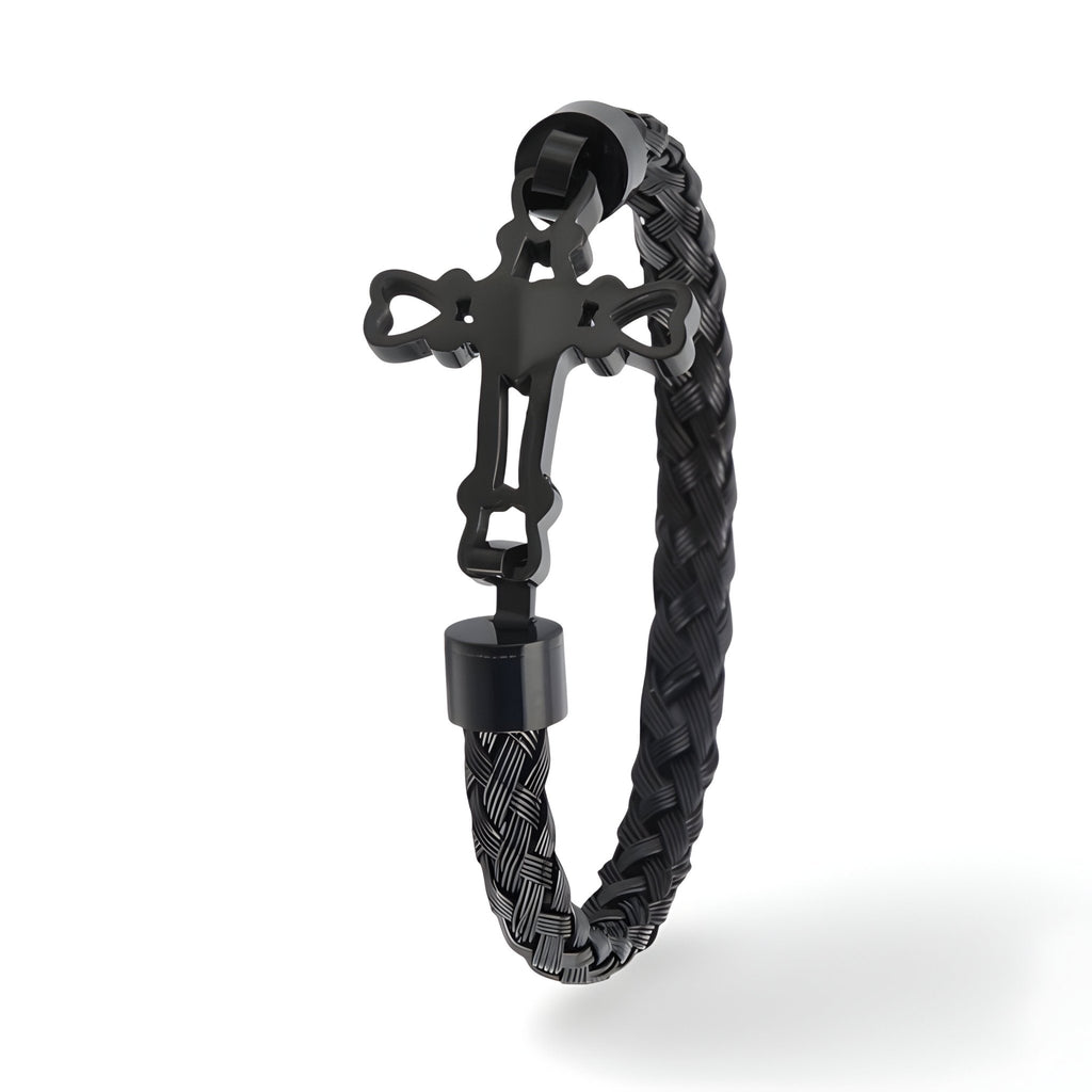 Bracelet homme en acier inoxydable noir tressé avec croix noir mat au centre.