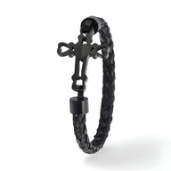 Bracelet homme en acier inoxydable noir tressé avec croix noir mat au centre.