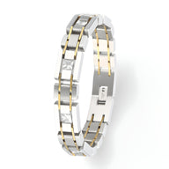 Bracelet homme acier inoxydable argenté à maillons rectangulaires avec strass et détails dorés.