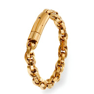 Bracelet homme en acier inoxydable doré, maillons larges et fermoir sécurisé.