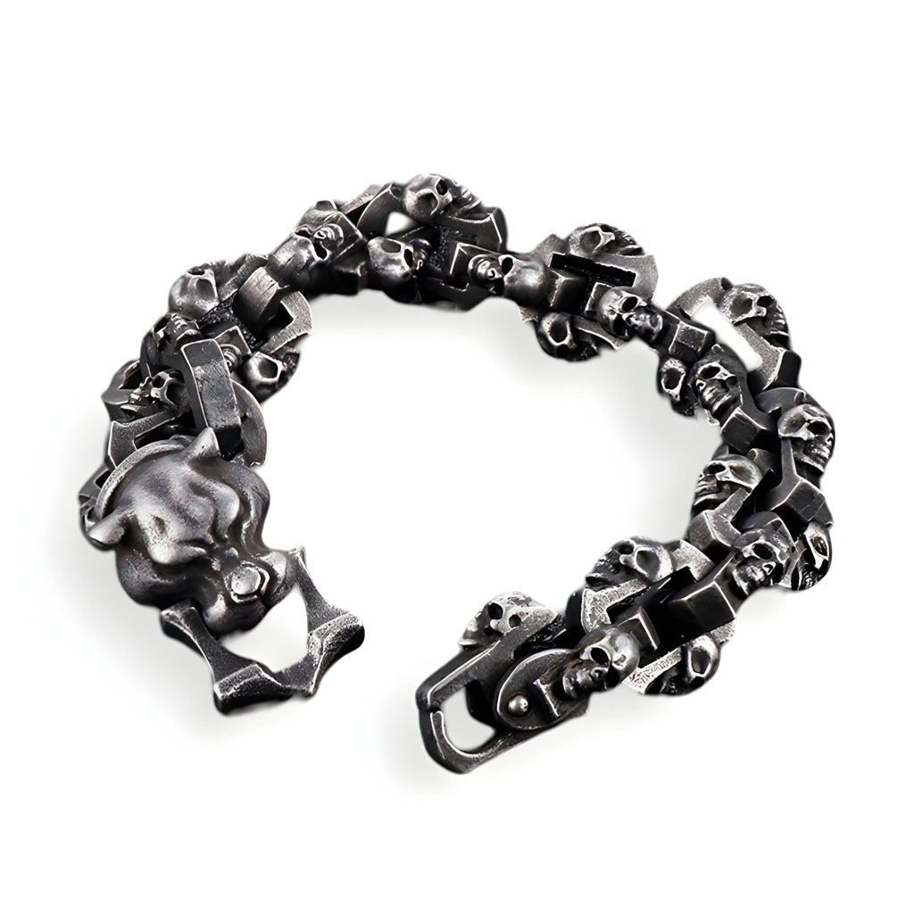 Bracelet homme en acier inoxydable gris avec maillons têtes de mort et tête de chien style Vidal.