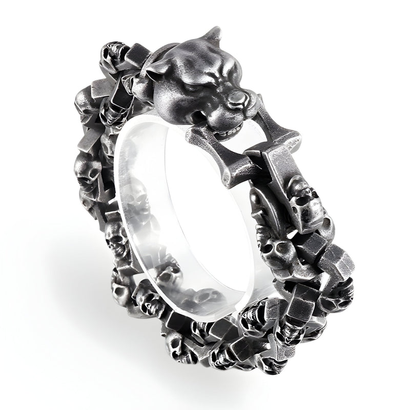 Bracelet gris en acier inoxydable pour homme avec têtes de mort et tête de chien en relief.