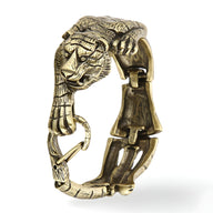 Bracelet homme en acier inoxydable doré avec tigre sculpté s'accrochant, design massif et articulé.