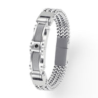 Bracelet en acier inoxydable argent avec mailles tressées et strass central serti, modèle Gaston.