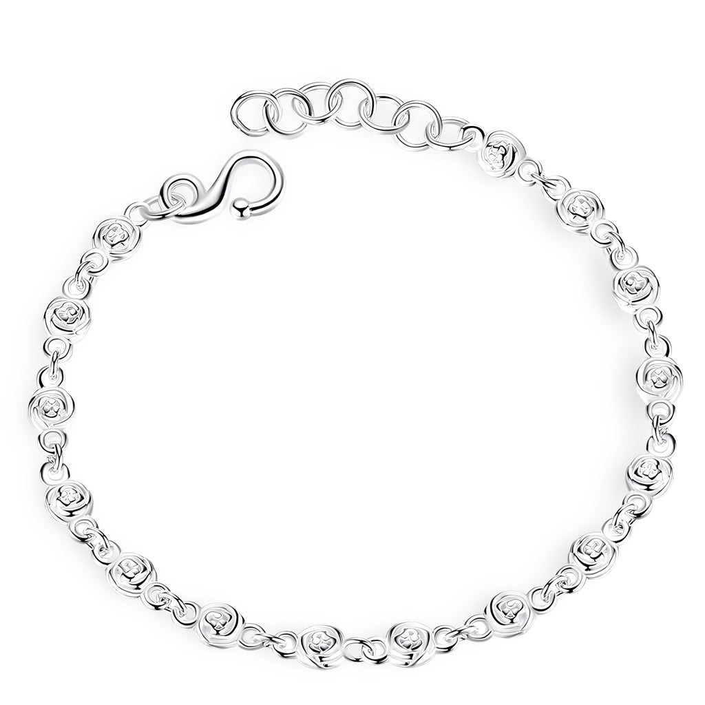 Bracelet en argent massif avec maillons ronds élégants et fermoir crochet pour femme.