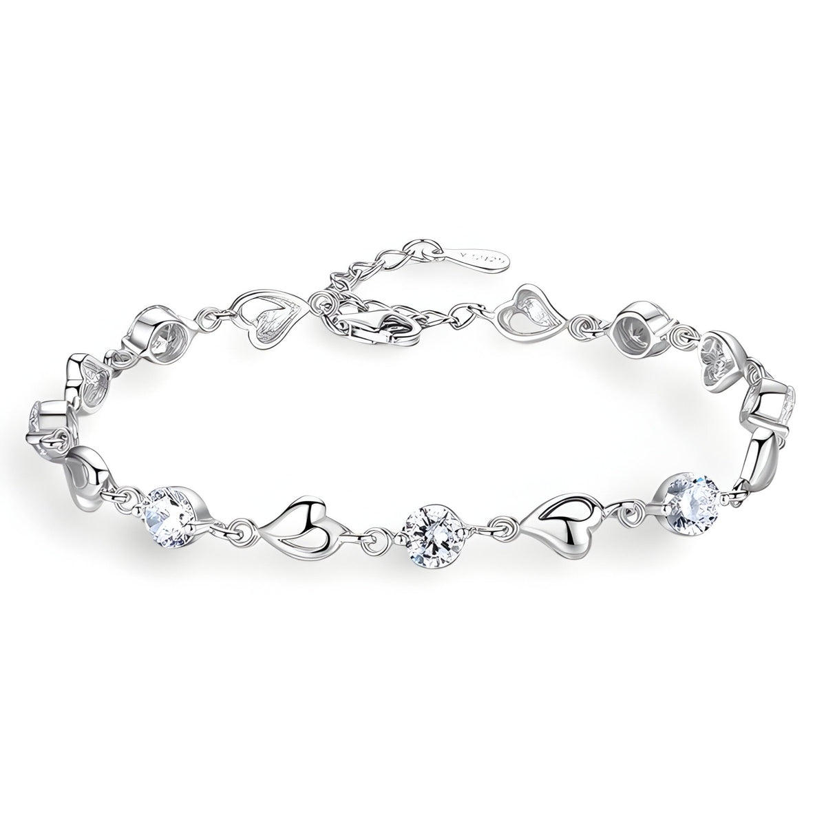 Bracelet en argent avec maille en forme de cœur et pierres claires rondes, modèle Brenda.