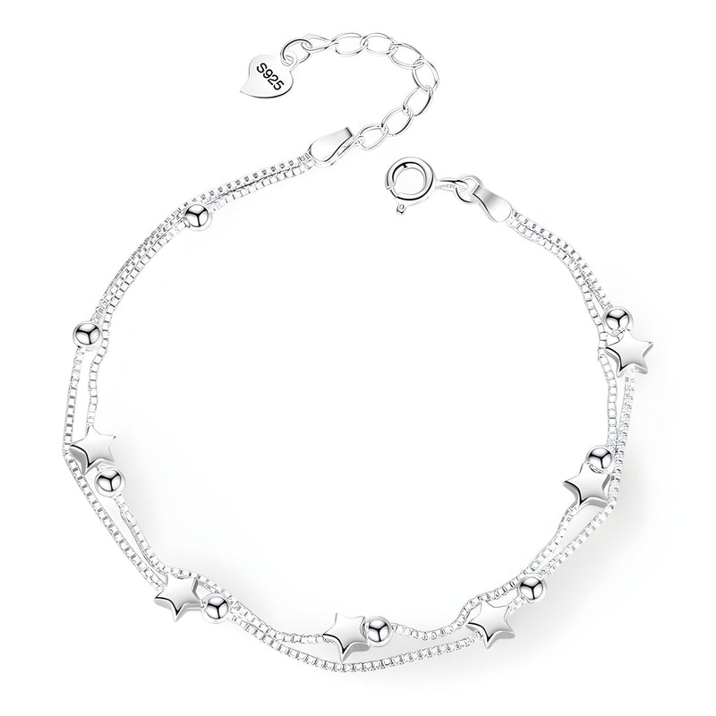 Bracelet en argent sterling fin avec petits motifs étoiles et cœurs, chaîne ajustable.